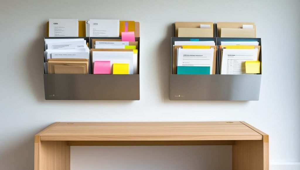 2 wall mounted metal organizers above a narrow light wood desk, holding documents, folders and notes in an organized vertical layout (1)