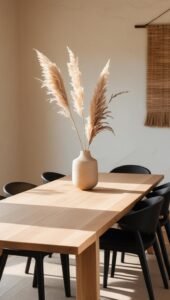 a japandi inspired dining room featuring a solid wood table in natural oak