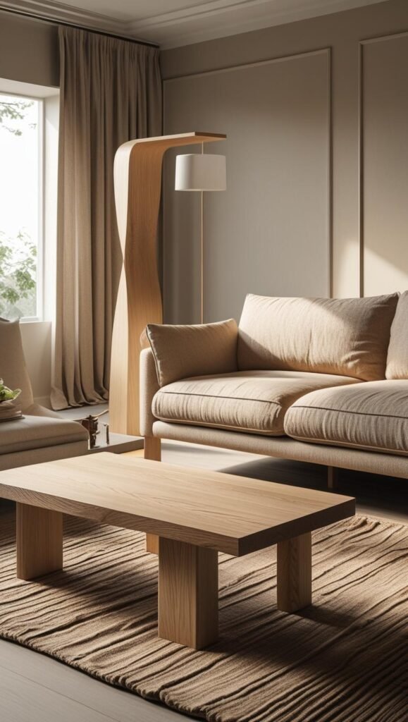 a japandi living room with three high impact elements a structured linen sofa