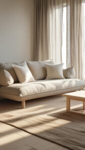 a japandi style living room with a low profile neutral sofa in soft beige