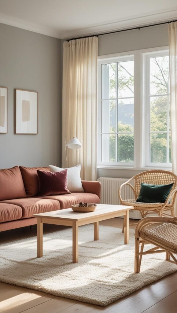a scandinavian inspired living room with a soft sage green or muted rust colored sofa