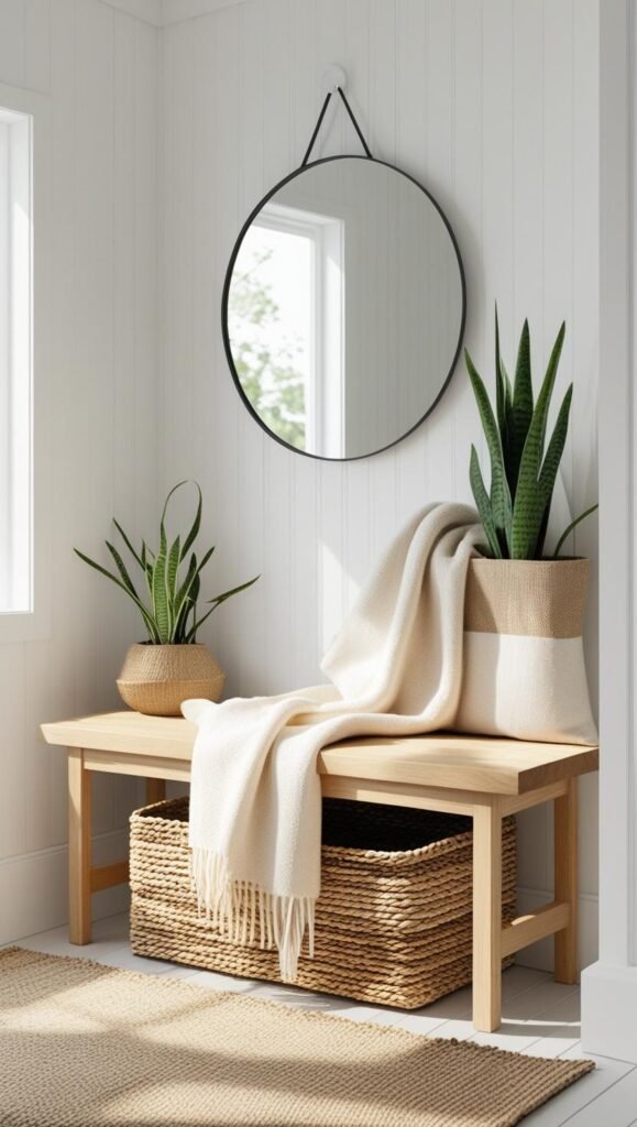 a scandinavian style entryway with a light wood bench, woven basket underneath, soft wool throw draped on top