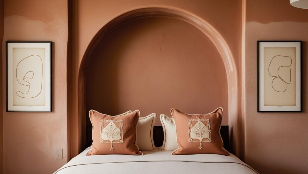 a bedroom wall featuring a painted terracotta arch behind the bed. matching decor with throw pillows and art prints. simple, modern styling.