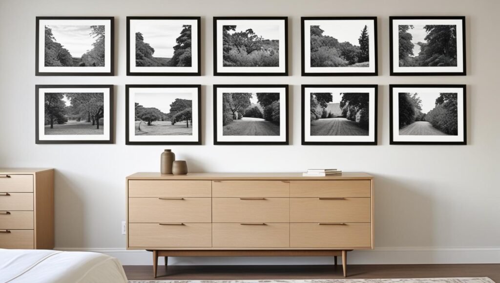 a bedroom with a black and white gallery grid above the bed or dresser. matching thin black frames, cohesive layout. neutral decor, mid century furniture, clean styling.