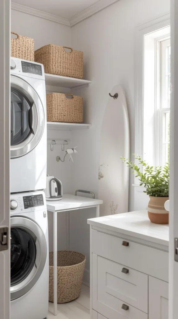 a bright, modern small laundry room with white walls, stacked washer and dryer and board.