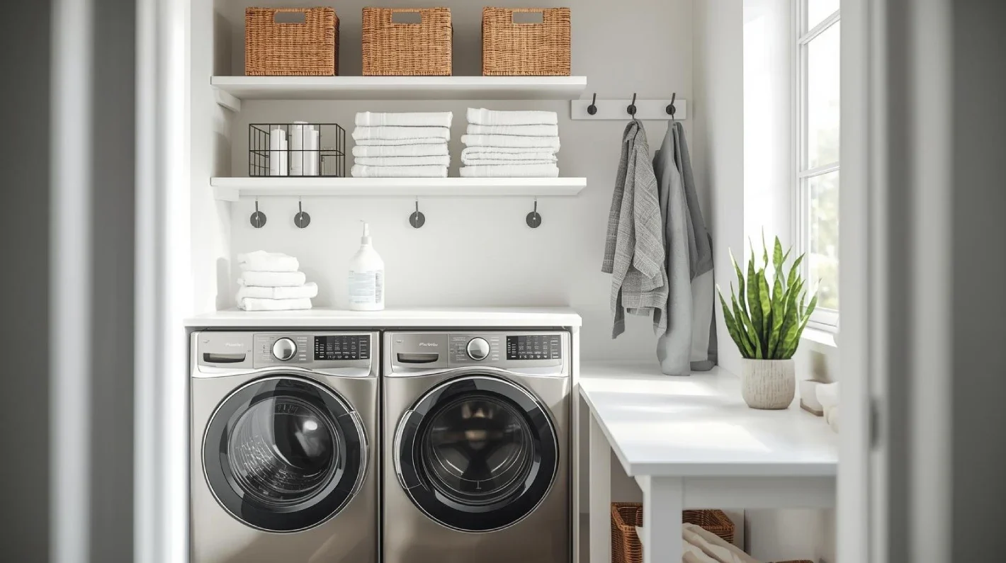 a bright, modern small laundry room with white walls, stacked washer and dryer.