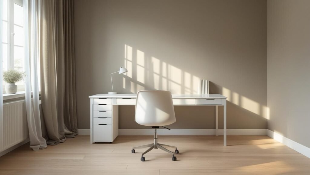 a calming workspace with soft greige or taupe walls, matte white furniture, and natural wood textures; sunlight filtering in for warmth.
