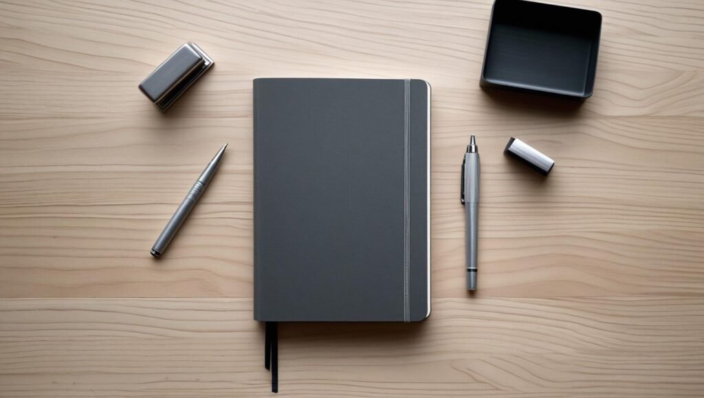 a centered minimal notebook with a pen on a clean desk, surrounded by neutral office accessories, showing intentional simplicity