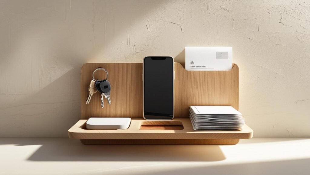 a chic entry tray or small wall shelf featuring keys, a phone, mail, and a notepad in a defined drop zone near the office entrance