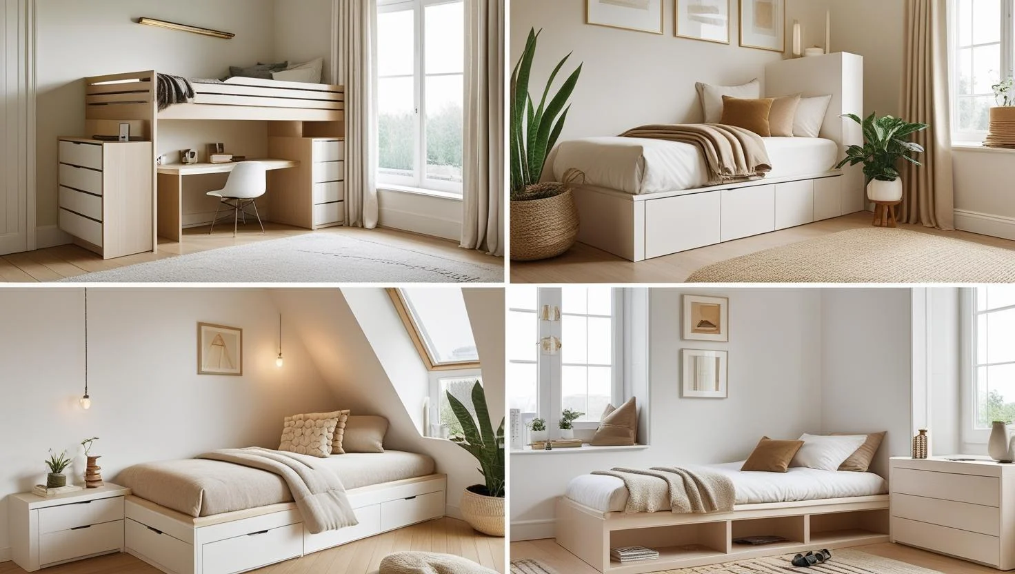 a clean, bright collage style interior design image showcasing four different small bedrooms