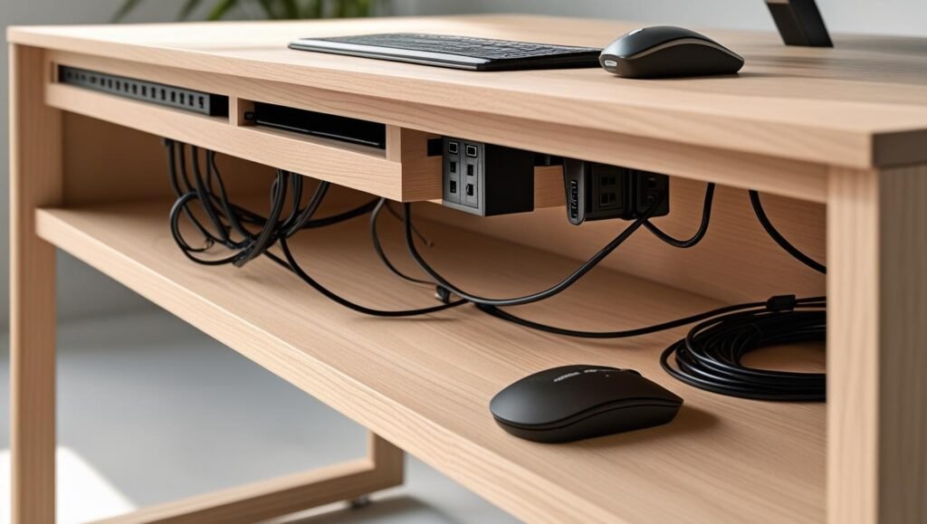 a close up of the underside of a minimalist desk showing hidden power strips, cable clips, and a wireless mouse keyboard combo on top.