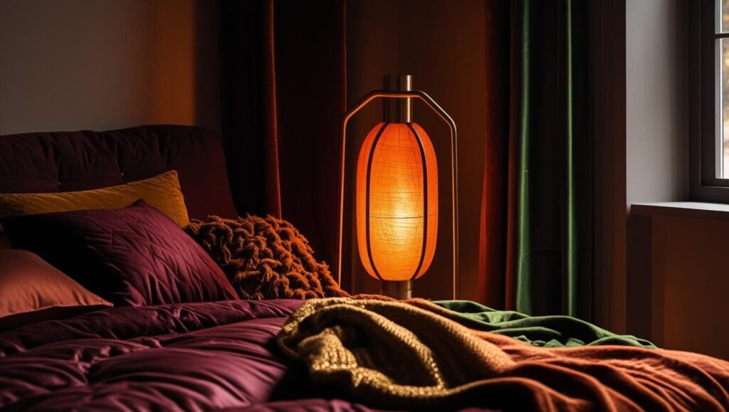 a corner of a bedroom with a tall modern lantern style floor lamp, moody warm light, blankets on the bed, deep autumn colors