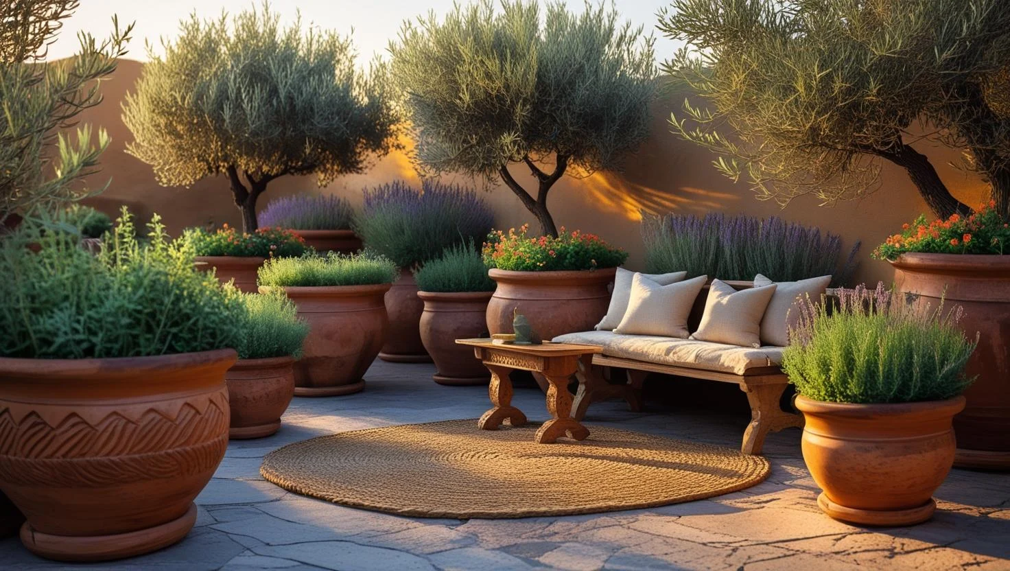 a cozy mediterranean style patio scene with aged terracotta pots, rustic wood furniture