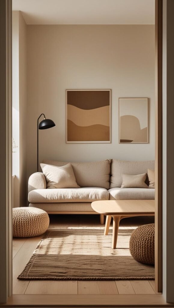 a cozy scandinavian living room featuring a low profile oatmeal colored sofa, a light oak coffee table
