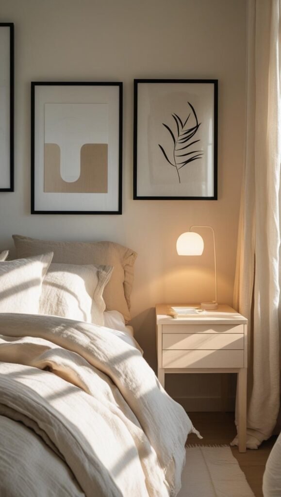 a cozy scandinavian style bedroom with layered neutral textiles, a soft linen duvet, pale wood nightstand.