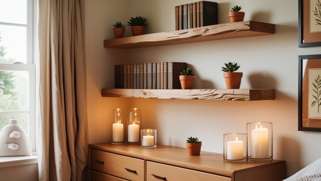a cozy bedroom corner with two wood floating shelves above a dresser or reading nook. decor includes candles, books, small plants, and framed prints. boho modern style.