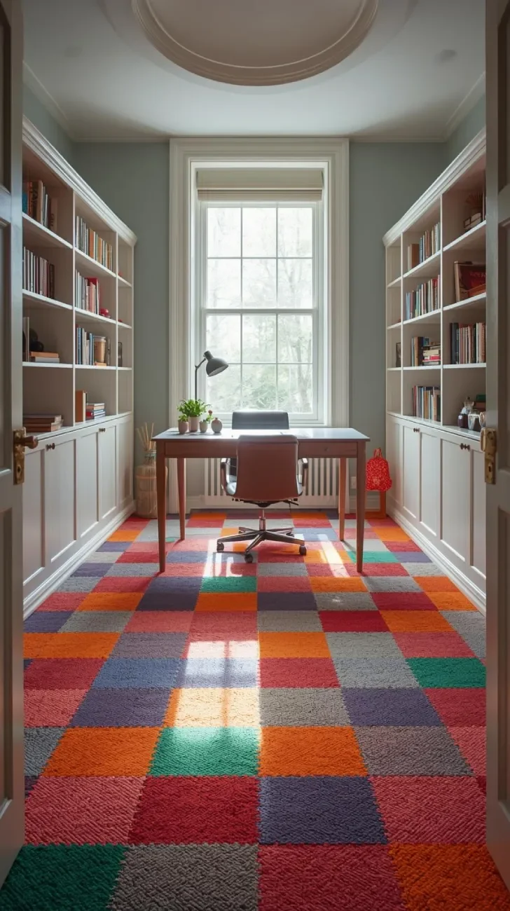 a cozy home office space with colorful, modern carpet tiles flooring