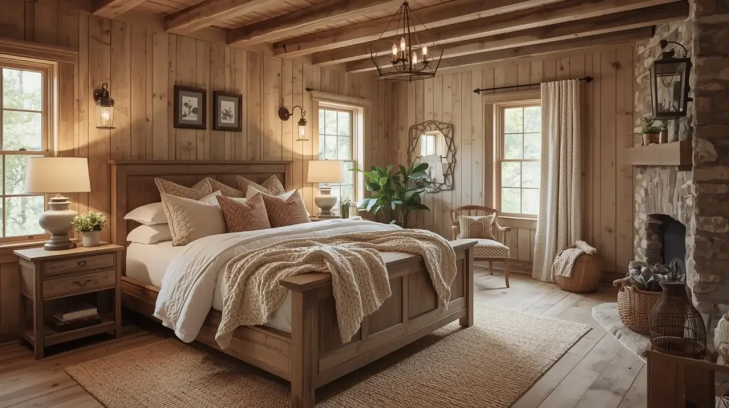 a cozy rustic bedroom with reclaimed wood walls, a wooden bed frame with a weathered finish