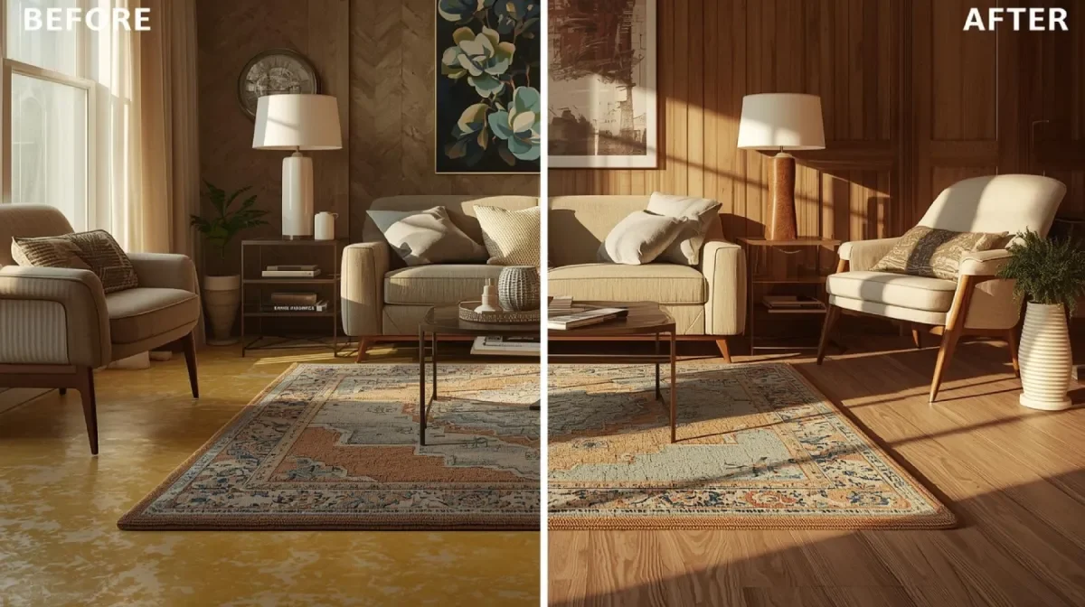 a cozy, stylish living room with layered rugs covering outdated linoleum flooring