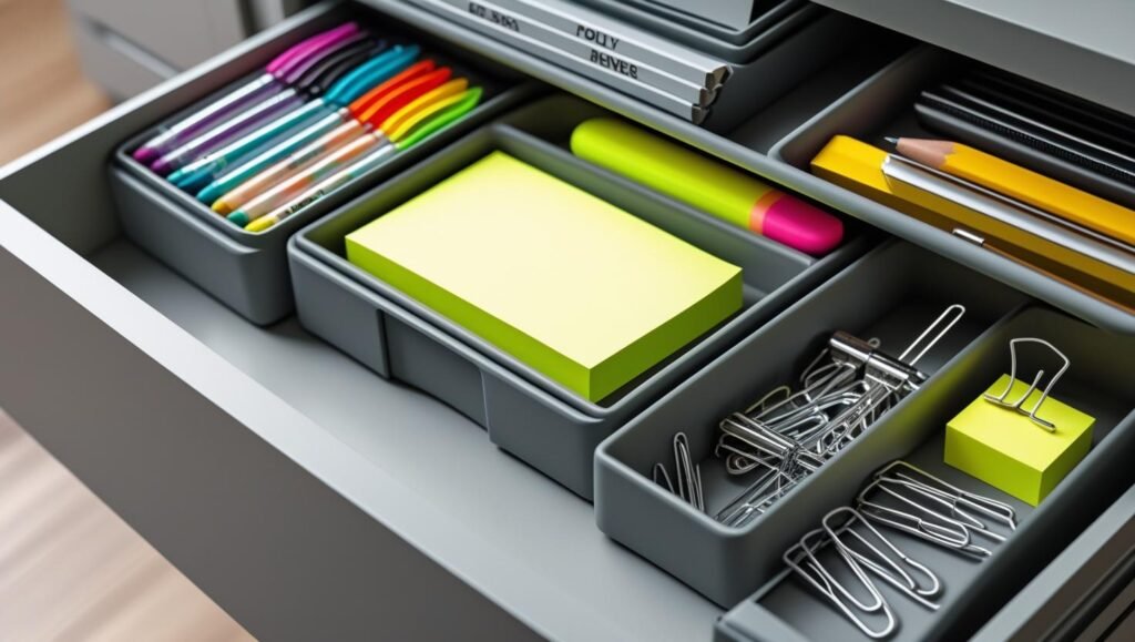 a drawer with custom organizers showing tucked away supplies like pens, sticky notes, and paper clips in labeled matte containers