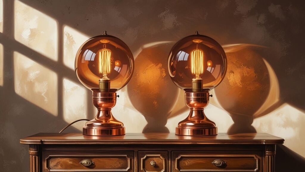 a dresser with glass dome table lamps featuring vintage filament bulbs, copper base, autumn candle scents, soft shadows on the wall