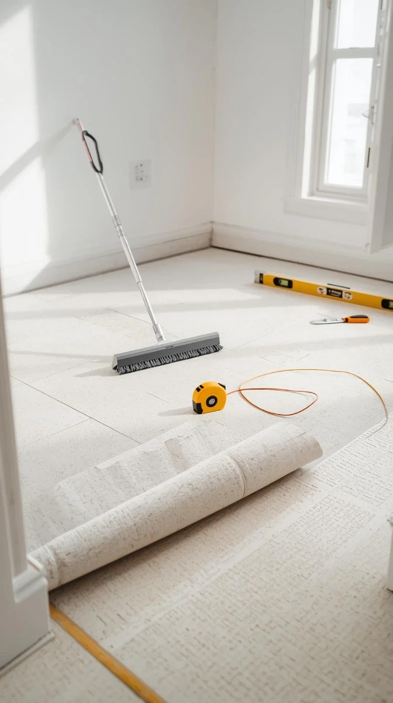 a empty room with swept floor, smoothing tool, level, and peeled back adhesive tile. (2)