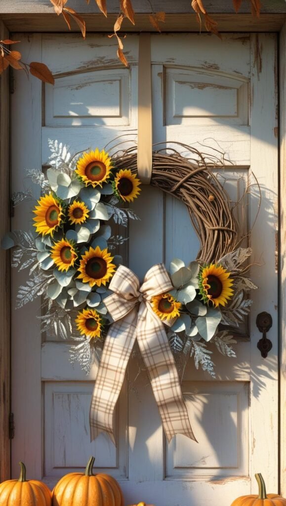 a grapevine wreath decorated with sunflowers, eucalyptus, and a neutral plaid ribbon, hanging on a farmhouse style white door with a pumpkin arrangement, soft autumn lighting, realistic photography