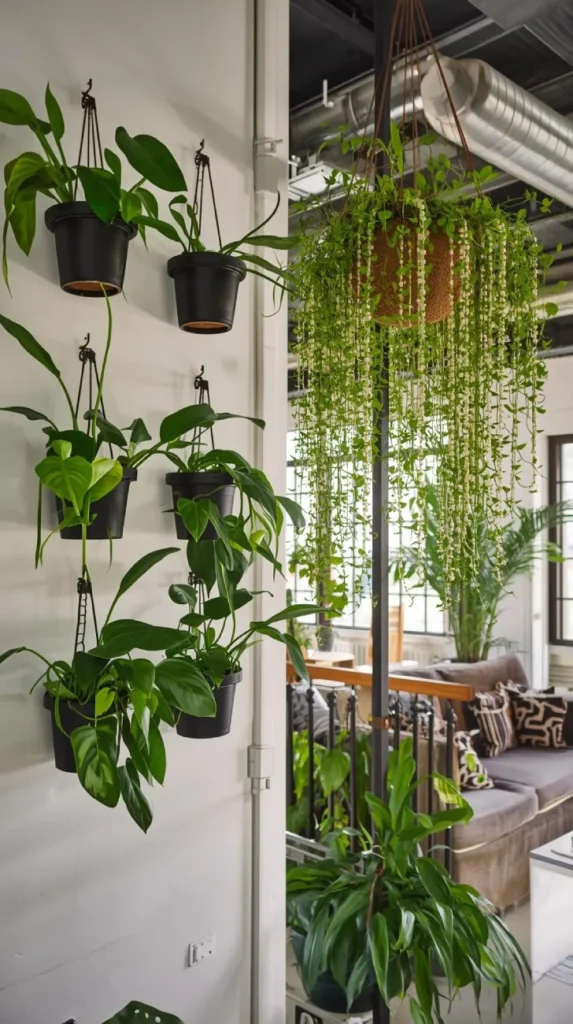 a industrial loft space with wall mounted planters and hanging greenery