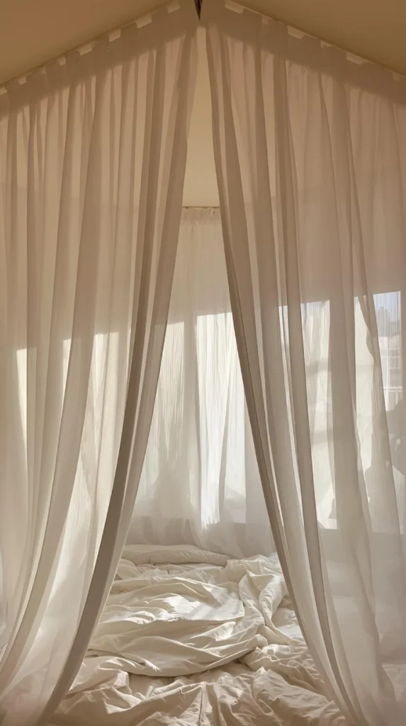 a loft bed framed with soft linen curtains on a ceiling track, creating a canopy style