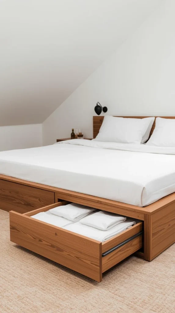 a loft bedroom with a low platform bed featuring deep pull out drawers