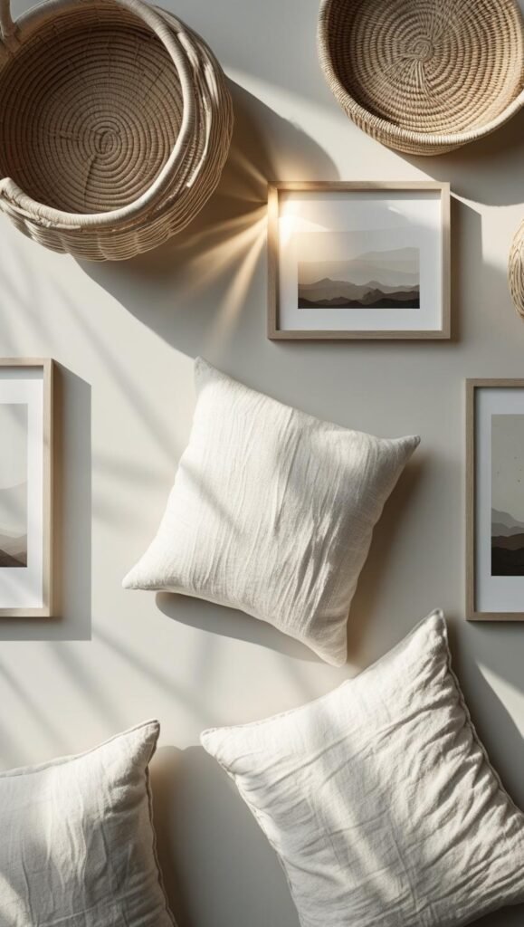 a minimalist collage style layout of scandinavian home elements linen pillows, woven baskets, framed prints, and soft lighting elements.