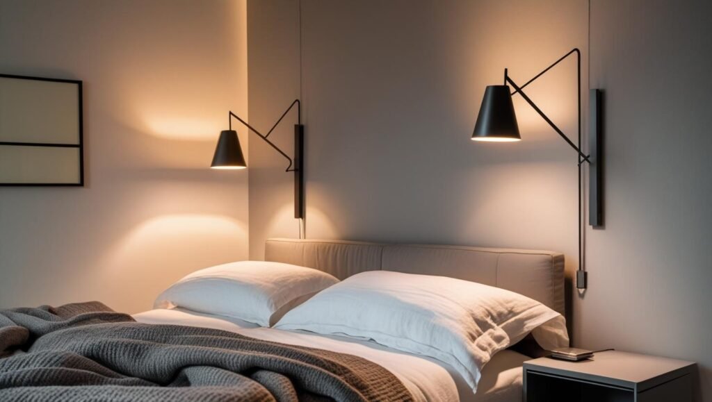 a modern bedroom with wall mounted swing arm lamps over each nightstand, crisp white bedding, warm throw blankets, minimal décor, cozy evening light