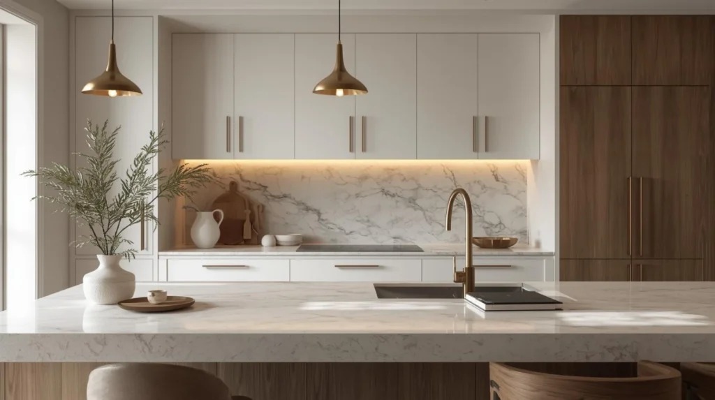 a modern, high end kitchen styled to look luxurious without being oversized.