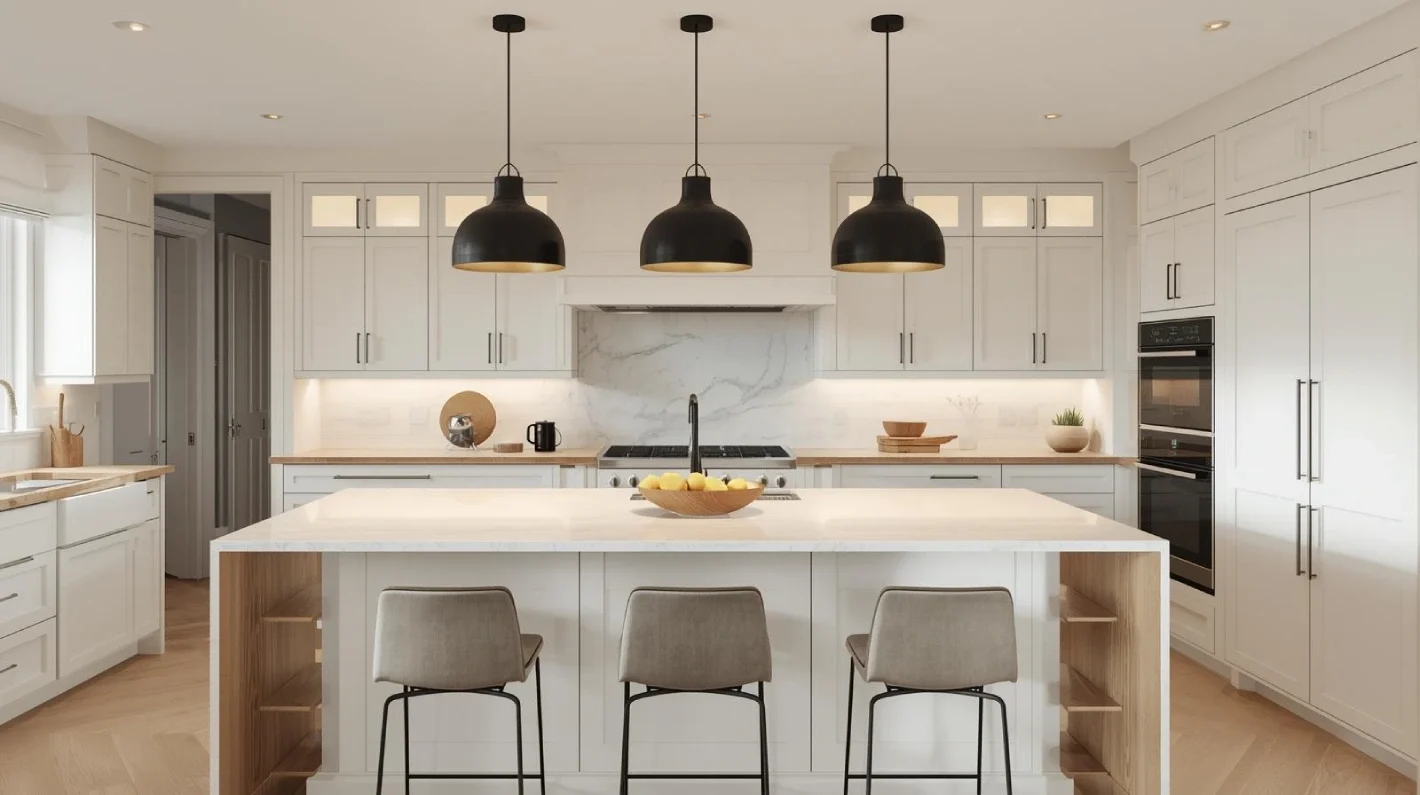 a modern kitchen with a stylish central island featuring layered lighting above