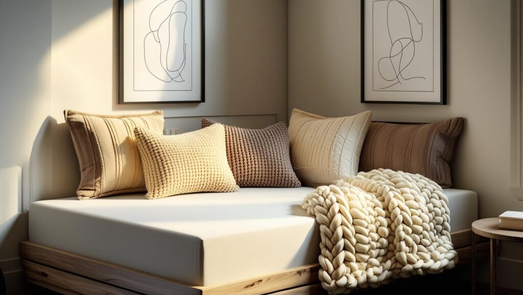 a modern realistic daybed with a twin mattress in a corner, styled with textured throw pillows and a knit blanket.