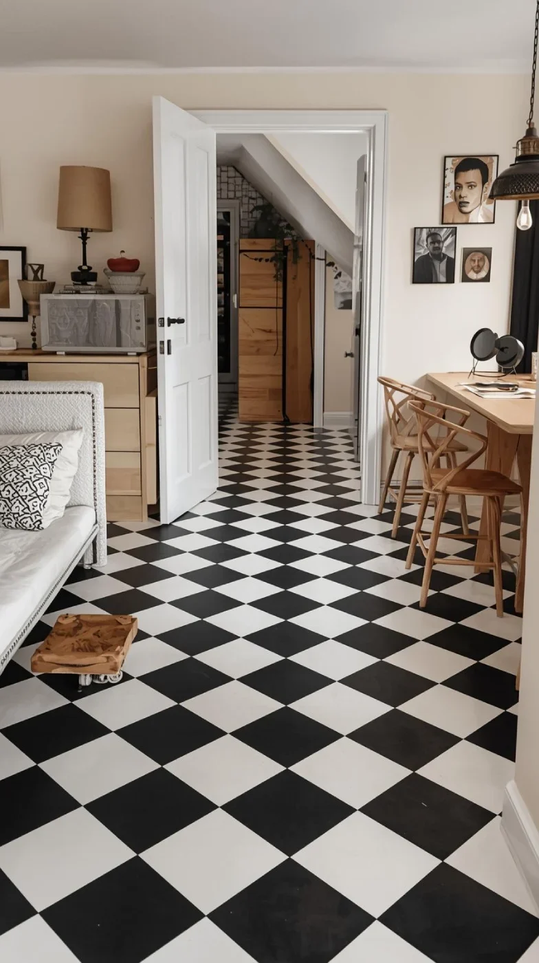 a modern studio space with painted plywood floors in a black and white checkerboard pattern.