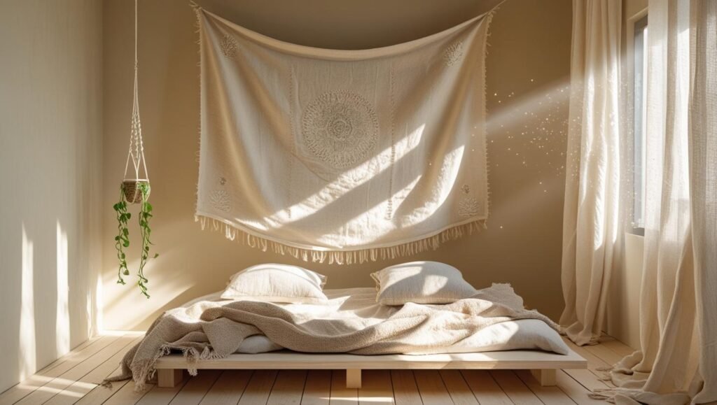 a neutral bedroom with a linen tapestry hanging above the bed. light and airy with soft textures. minimalist boho decor. soft ambient lighting.