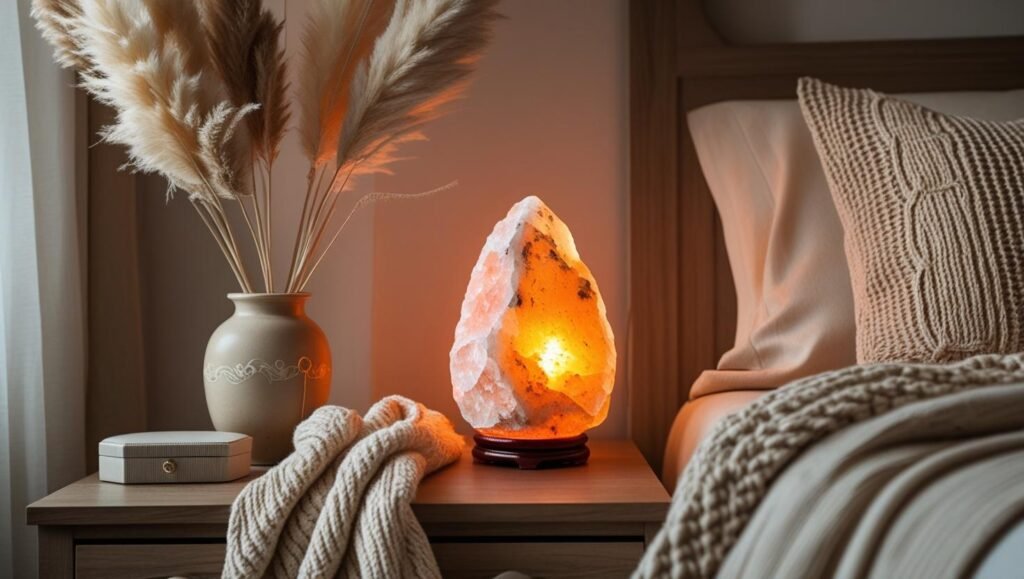 a peaceful bedroom nightstand with a glowing himalayan salt lamp, neutral fall décor, dried pampas grass, cozy textures