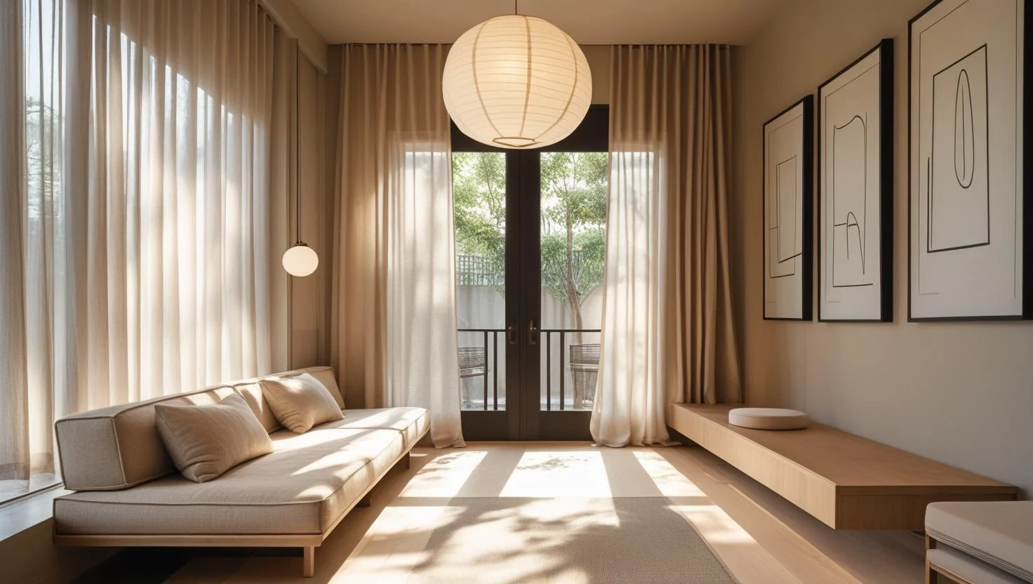 a serene japandi style interior with a neutral toned lounge space. light oak wood floors