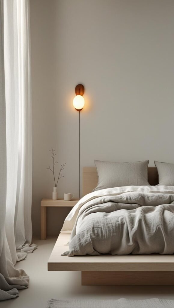 a serene scandinavian bedroom with a platform bed in light wood, dressed in soft linen bedding