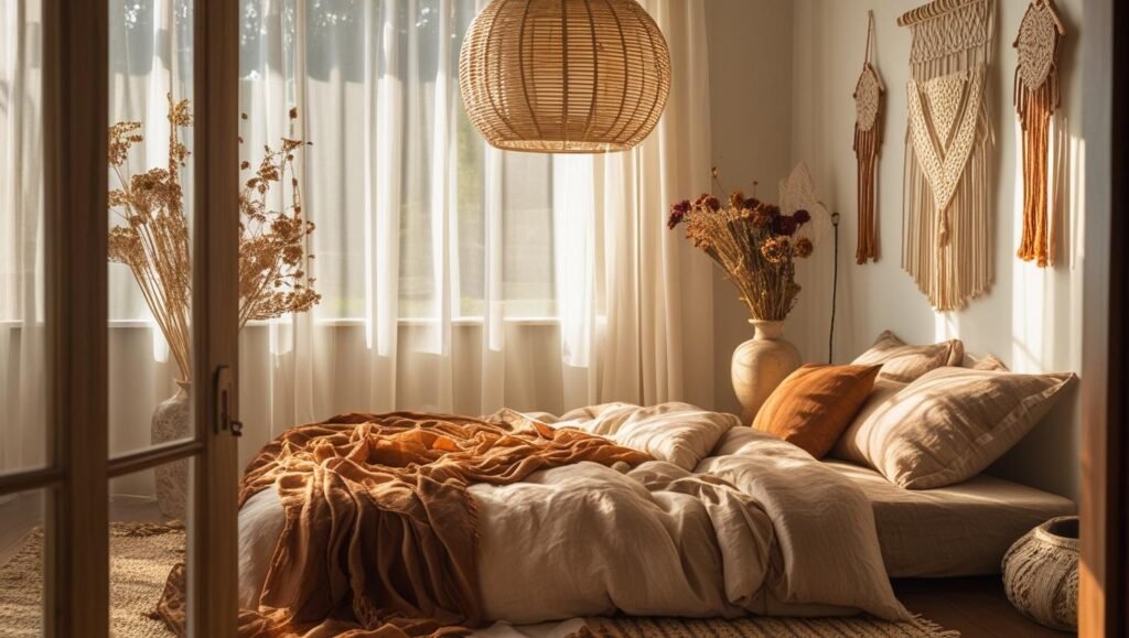 a serene bedroom with a woven rattan pendant light over the bed, bohemian autumn inspired décor, earthy tones, natural fiber rug, sunlight filtering through sheer curtains