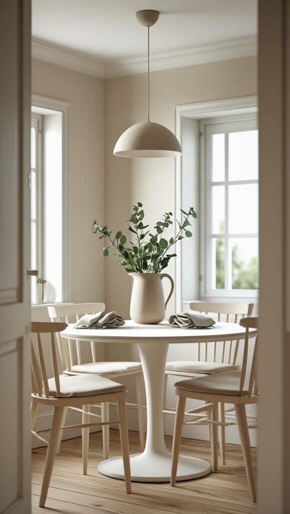 a small scandinavian kitchen nook with a white round dining table, pale wood chairs, soft linen napkins