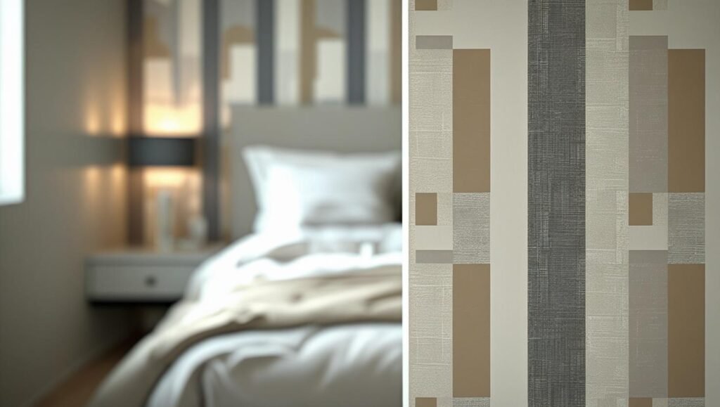a small bedroom with a close up of vertical strip of peel and stick wallpaper behind the bed. modern geometric print. neutral or muted tones. soft lighting.