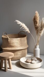 a styled corner of a japandi space with a woven storage basket, small wooden stool,