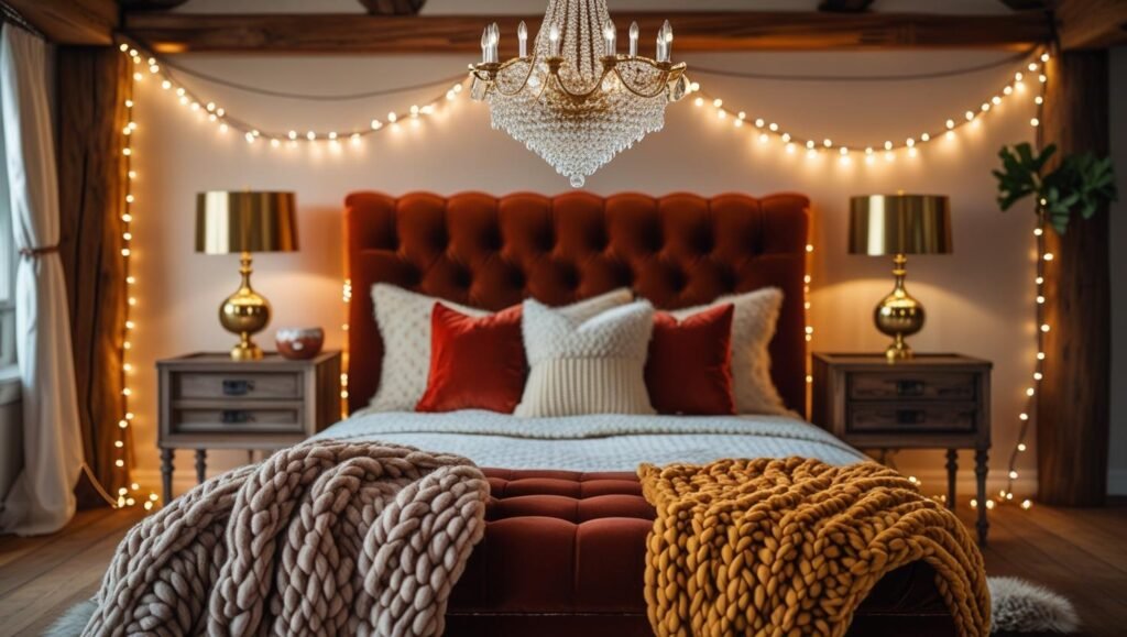 a stylish bedroom showcasing layered lighting with a chandelier, table lamps, and fairy lights, warm autumnal colors, textured throw blankets, rustic elements, soft focus background