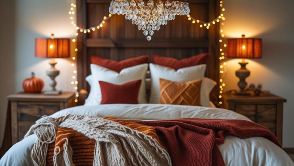 a stylish bedroom showcasing layered lighting with a chandelier, table lamps, and fairy lights, warm autumnal colors, textured throw blankets, rustic elements, soft focus background (2)
