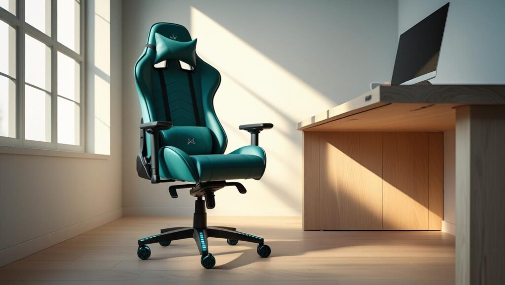 a stylish ergonomic gaming chair, paired with a sleek gaming desk, soft natural lighting, gaming setup, photorealistic