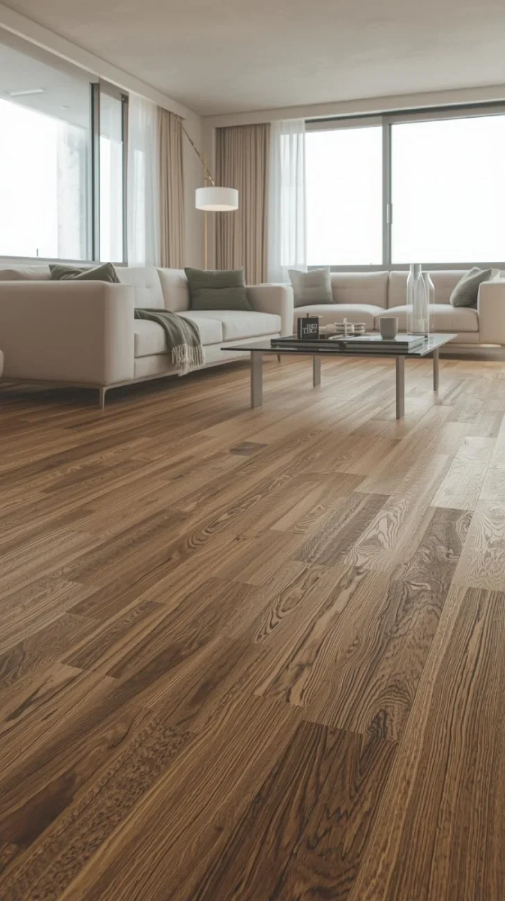 a stylish open concept apartment living room with rich toned floating laminate plank flooring