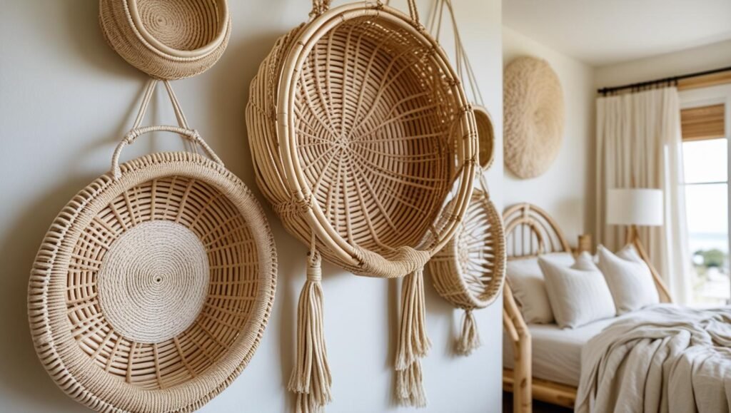 a textured bedroom wall with a set of hanging rattan baskets. natural color palette. boho and coastal inspired decor. light wood furniture and soft linens.