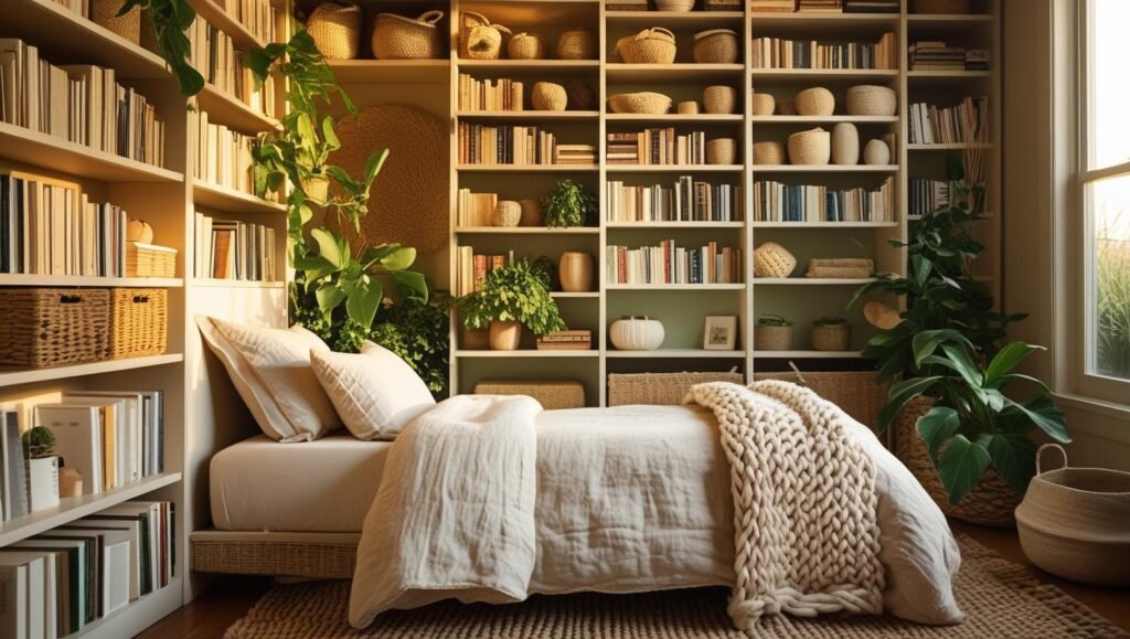 a twin bed flanked by tall open bookcases instead of a headboard. styled with books, baskets, and plants.